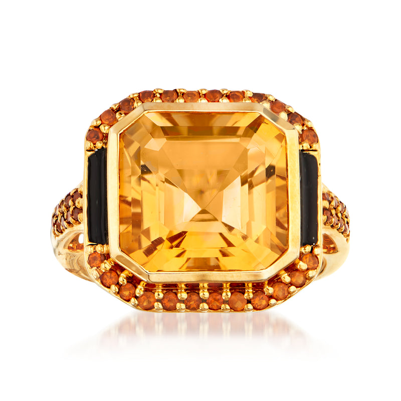 Gold-tone ring with square citrine gemstone, black enamel side accents, beaded halo