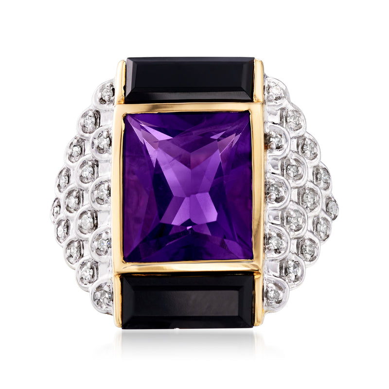 14kt yellow gold ring with square amethyst, black onyx accents, diamond halo