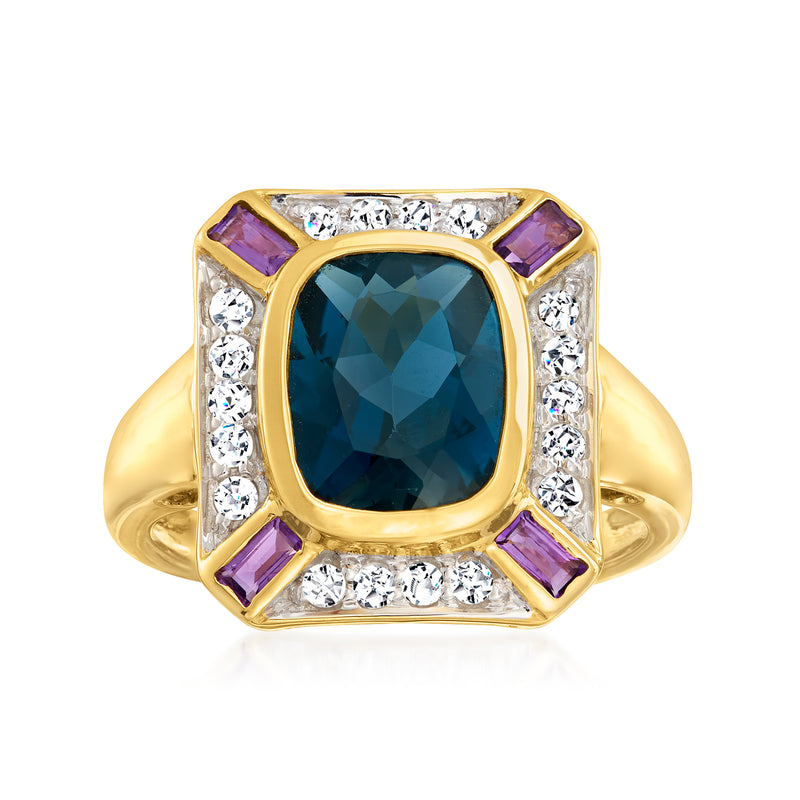 14kt yellow gold oval blue center ring with purple corner stones and diamond accents