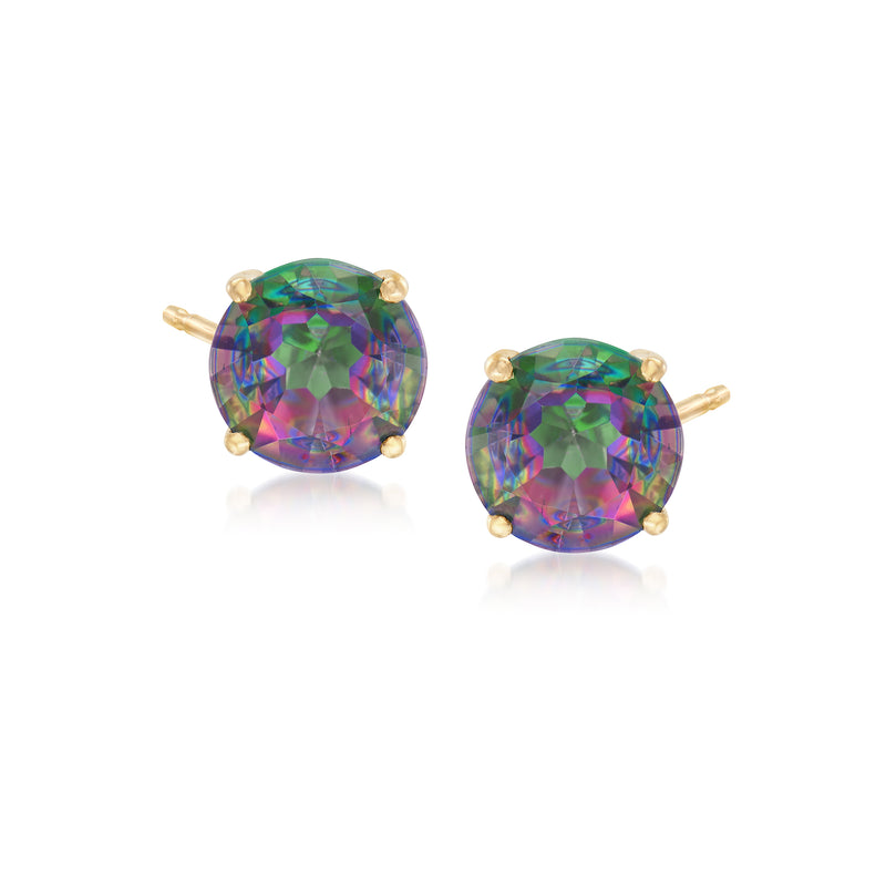 14kt yellow gold mystic green topaz stud earrings, round iridescent stones