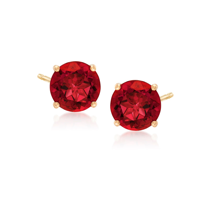 14kt yellow gold red round topaz stud earrings with 4-prong bezel setting