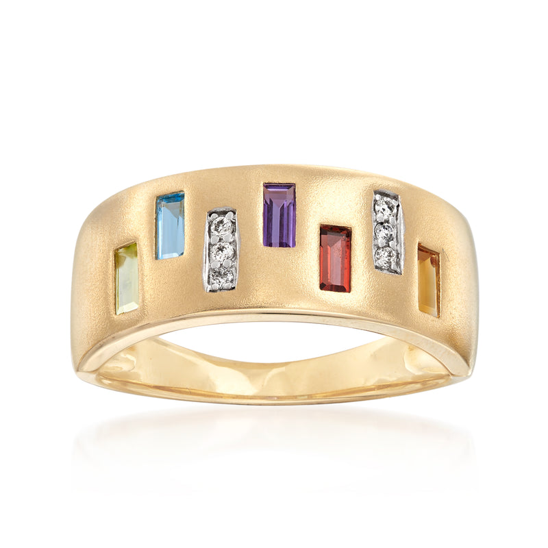 14kt yellow gold ring with multi-colored rectangular gemstones and diamond accents