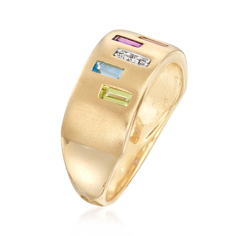 14kt yellow gold ring, side view, with colorful rectangular gemstones and diamonds