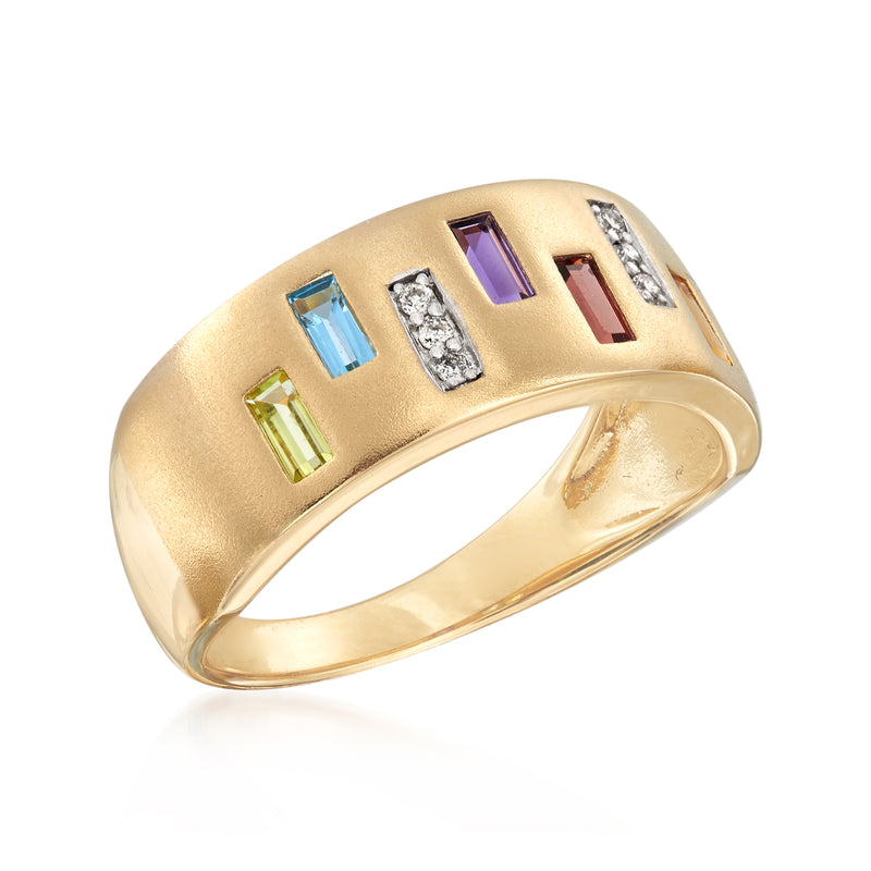 14kt yellow gold ring with multi-colored rectangular gemstones and diamond center accents