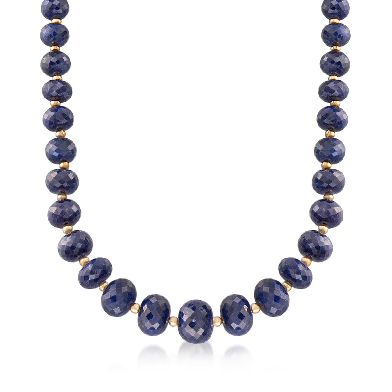 Sapphire bead necklace with 14kt yellow gold beads; round dark blue stones on a gold chain