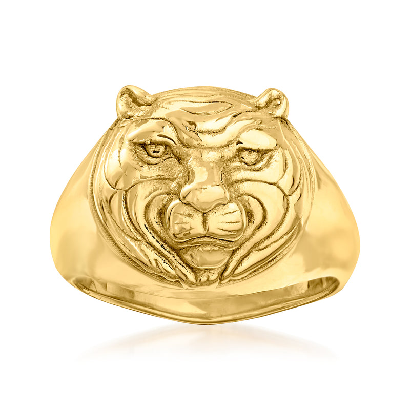 14kt yellow gold tiger face ring with high-polish sculpted head