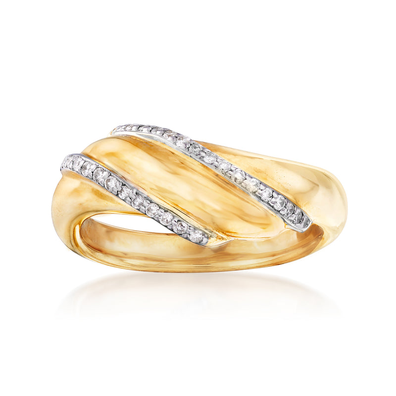 14kt yellow gold double-row diamond sash ring, polished band with angled set stones