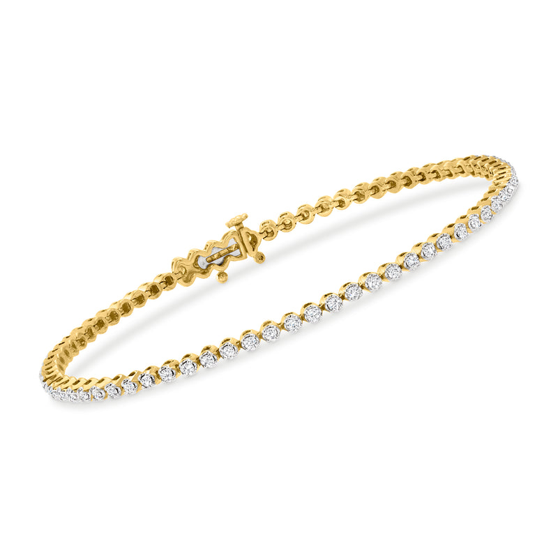 14kt yellow gold diamond tennis bracelet with round stone links and clasp