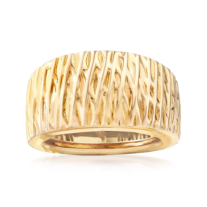14kt yellow gold dome ring with vertical textured pattern and smooth inner band