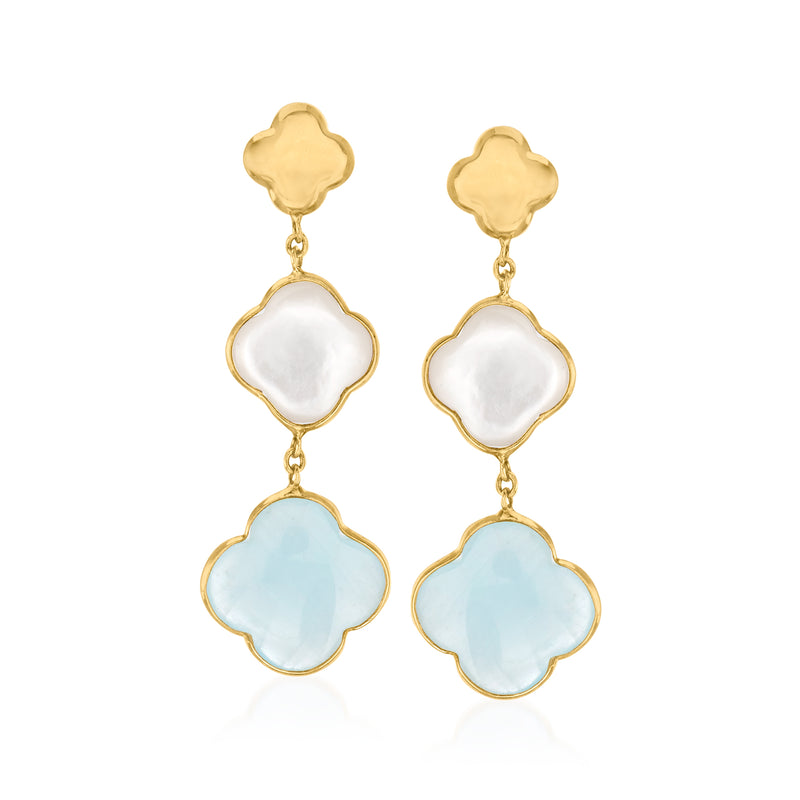 14kt yellow gold clover drop earrings with white mother-of-pearl and blue stone