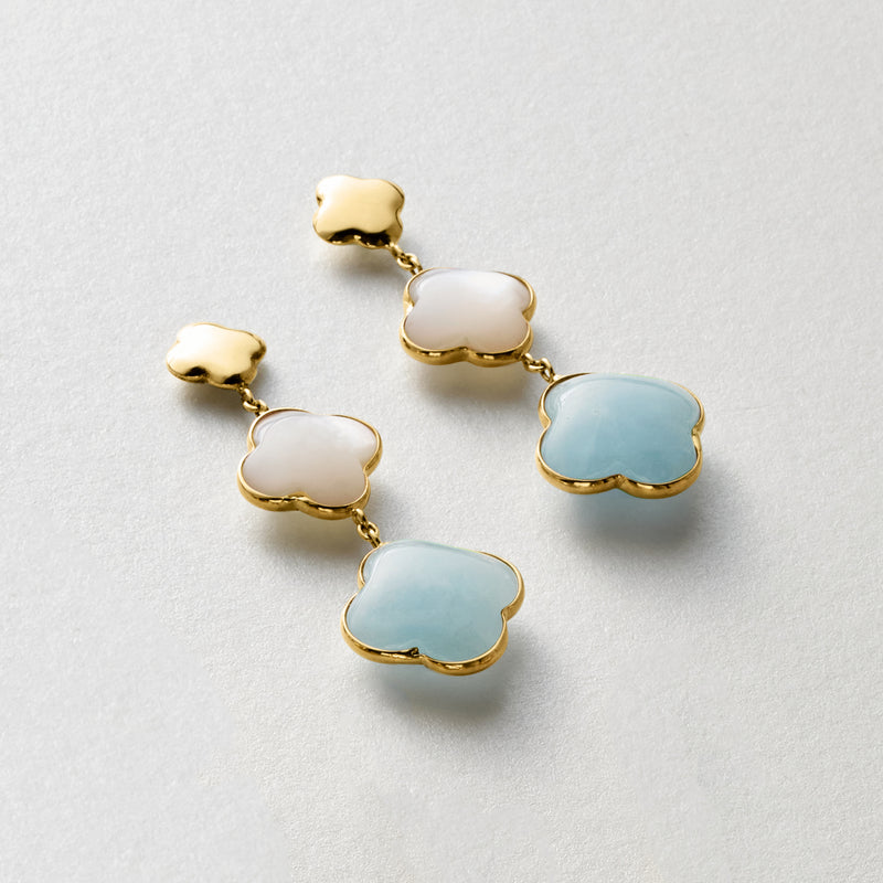 Clover drop earrings in 14kt yellow gold with white mother-of-pearl and blue stones
