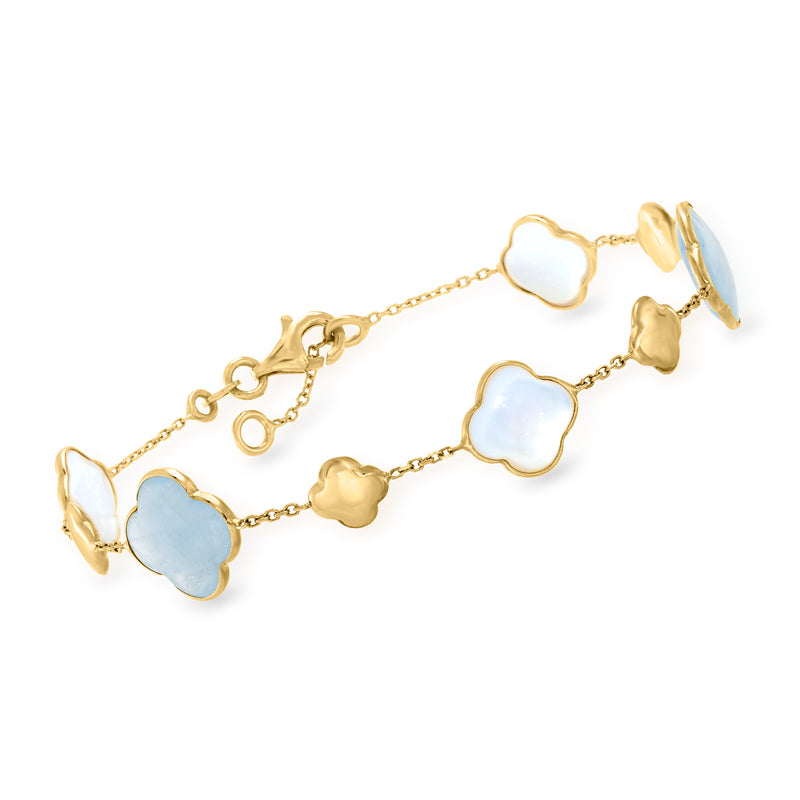 14kt yellow gold clover station bracelet with aquamarine blue stones and mother-of-pearl links