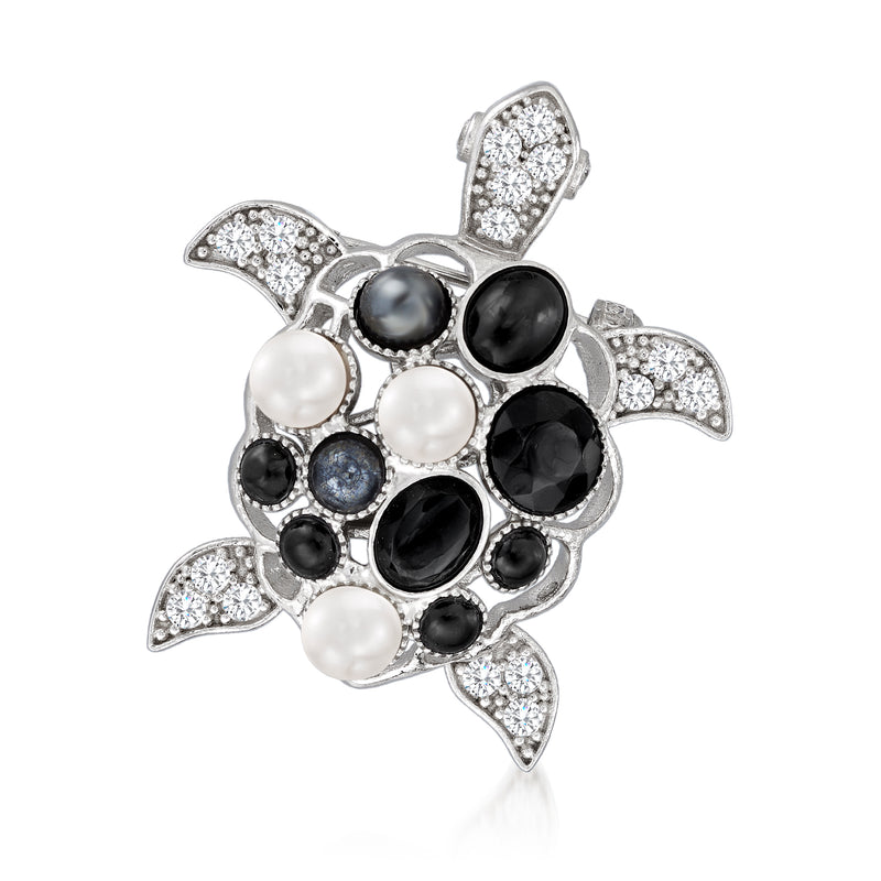 Sterling silver turtle pin with cultured pearl accents, dark gemstone and crystal details