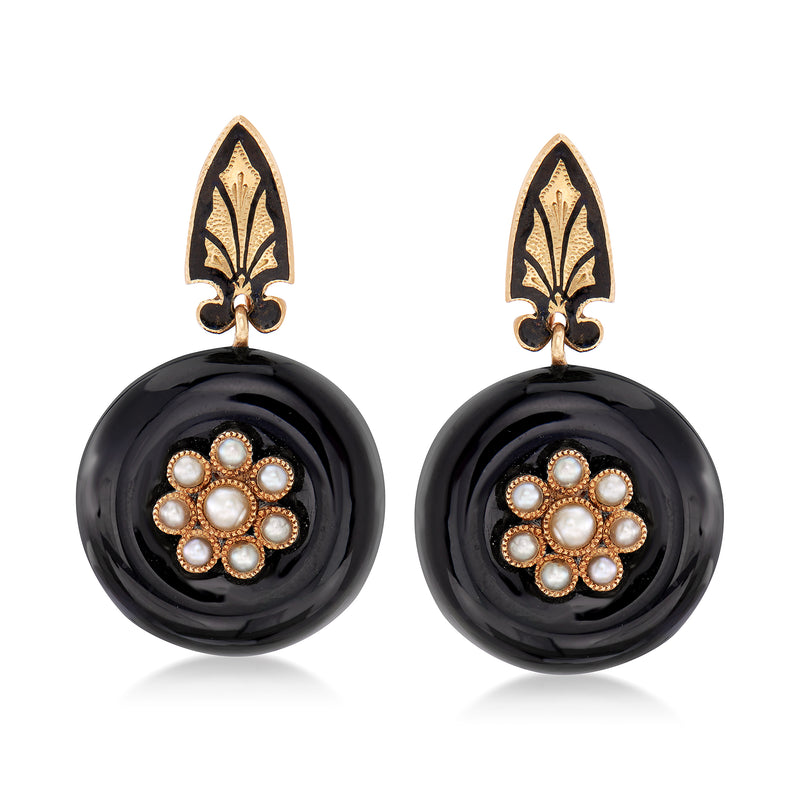 Black onyx flower drop clip earrings with cultured pearl centers and 14kt yellow gold tops