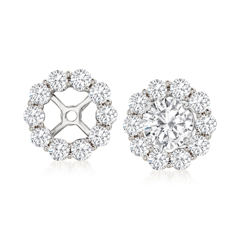 14kt white gold diamond earring jacket, round halo with center setting and prongs