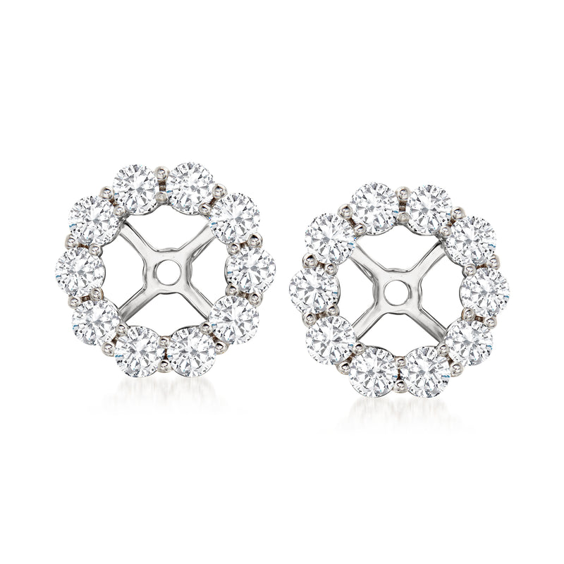 Round diamond earring jacket in 14kt white gold, halo prongs and bezel detail