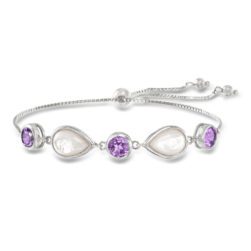 Sterling silver bolo bracelet with purple amethyst bezel stones
