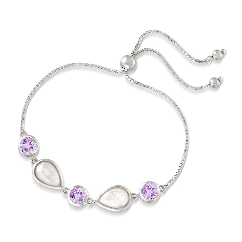 Sterling silver bolo bracelet with circular amethyst stones and pear-cut accents