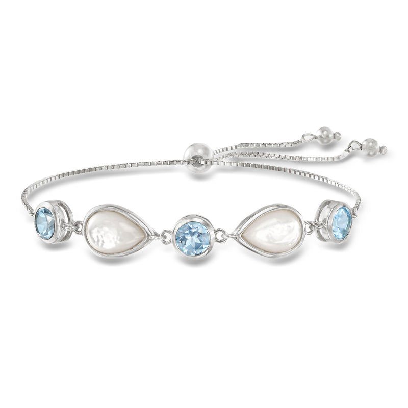 Sterling silver bolo bracelet with sky blue topaz and mother-of-pearl oval links