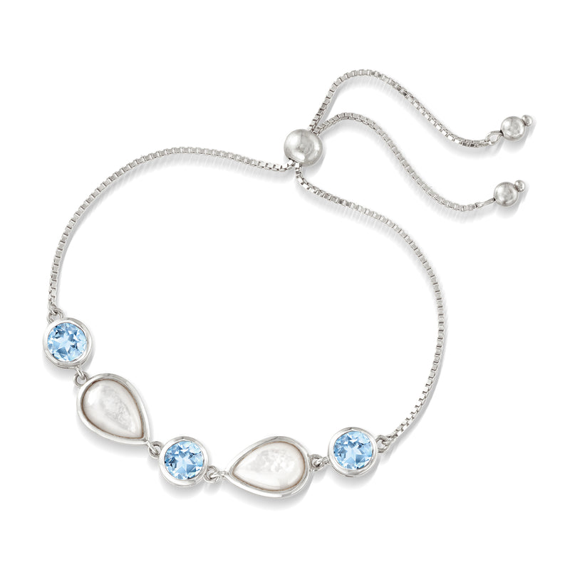 Sterling silver bolo bracelet with sky blue topaz beads and mother-of-pearl oval charms