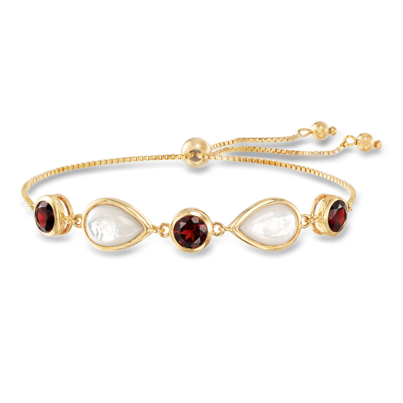 18kt gold over sterling bolo bracelet with oval mother-of-pearl and red garnet accents