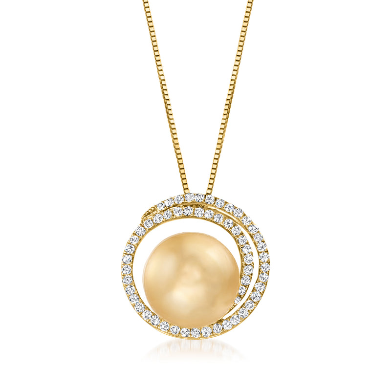 18kt yellow gold pearl and diamond swirl pendant necklace with golden South Sea pearl