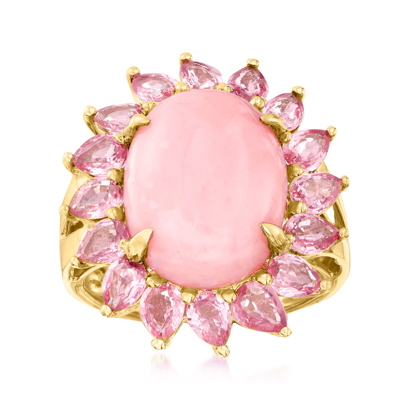 Pink opal and pink sapphire ring in 14k yellow gold, oval center with halo