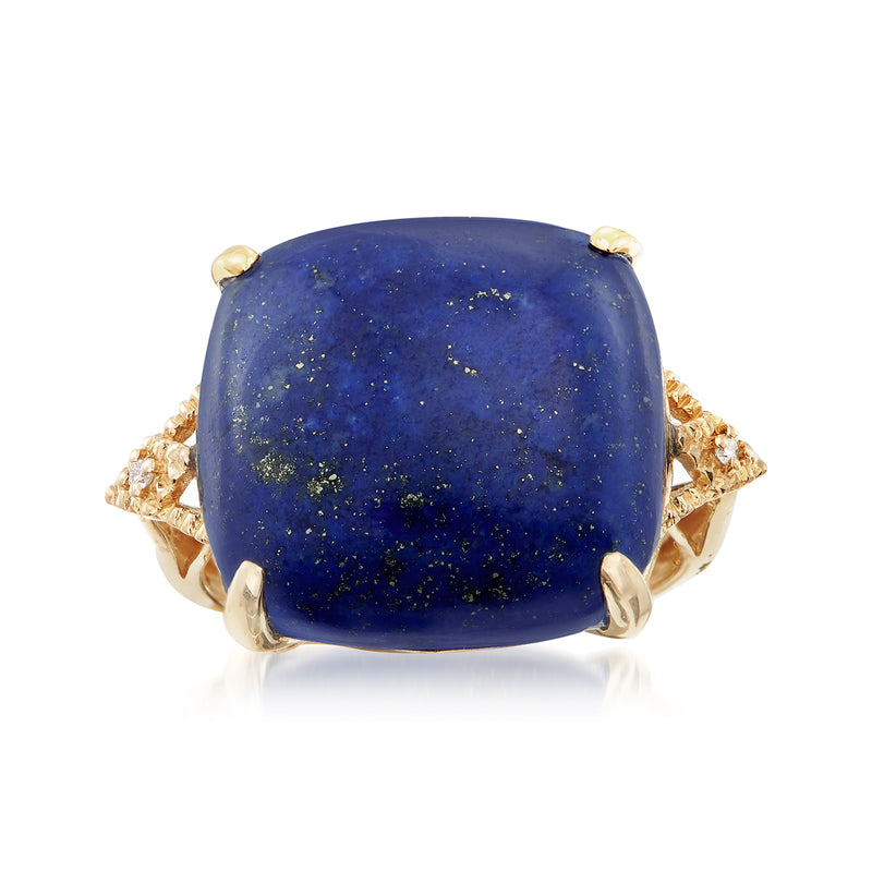 14kt yellow gold lapis cabochon ring with diamond-like accents on shoulders