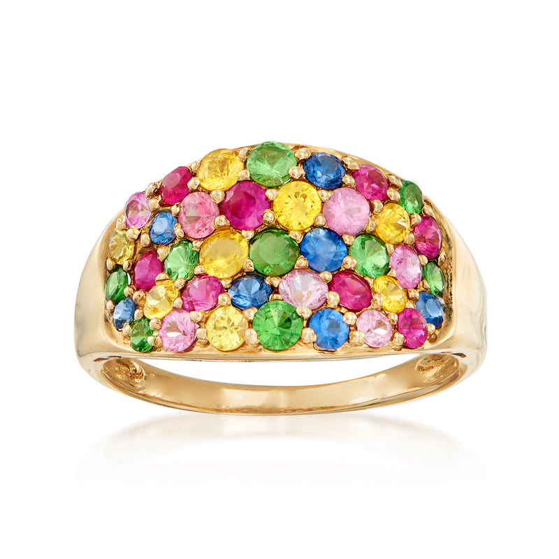 14kt yellow gold multi-gemstone cocktail ring, oval top with pink, blue, green stones