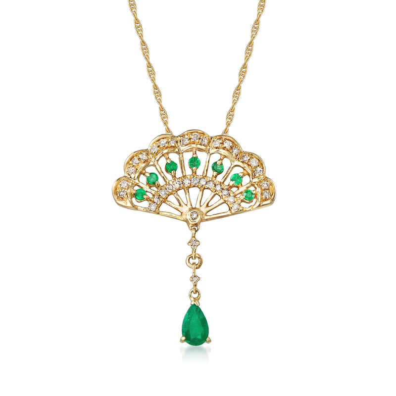 14k yellow gold fan-shaped drop necklace with emerald-green gemstones and diamond accents