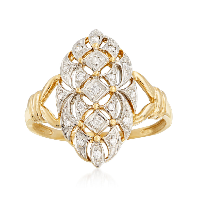 14kt yellow gold diamond ring with ornate marquise-shaped cluster setting