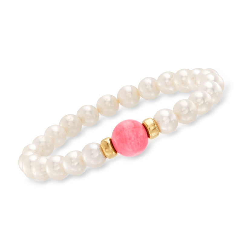White cultured pearl stretch bracelet with pink coral-style oval and 14kt gold bead