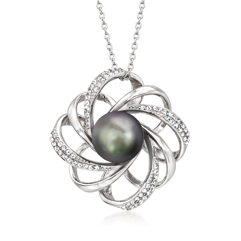 Sterling silver pendant necklace with black Tahitian pearl and white topaz accents