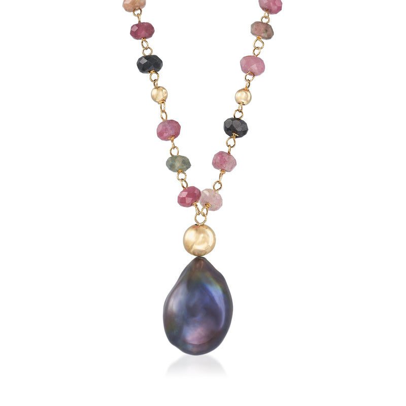 14kt yellow gold beaded necklace with black, pink, and green stones and teardrop pearl