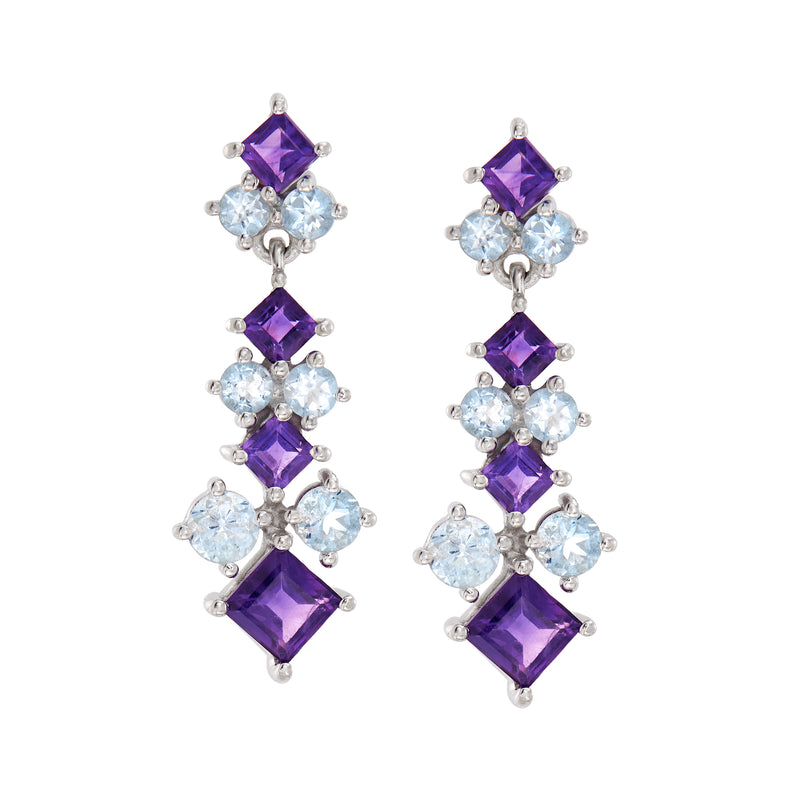Sterling silver drop earrings with purple amethyst and sky-blue topaz clusters