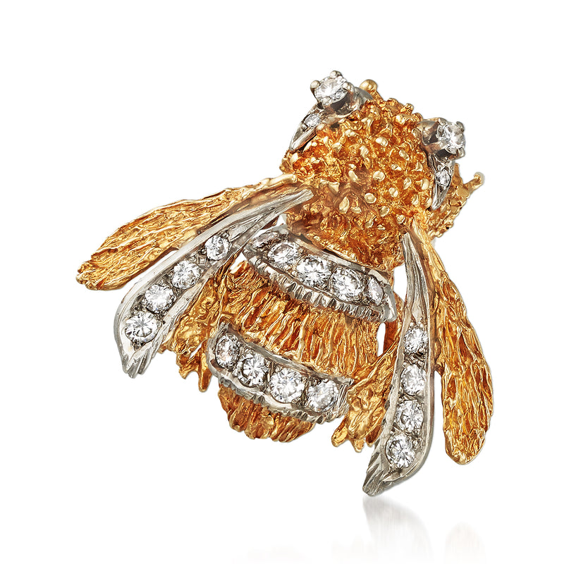 Vintage diamond bee pin with 14kt yellow gold, sparkling white stones, detailed wings