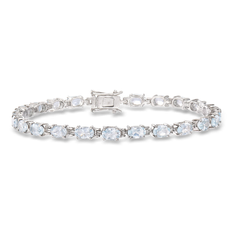 Sterling silver aquamarine tennis bracelet with oval and round light-blue gemstones
