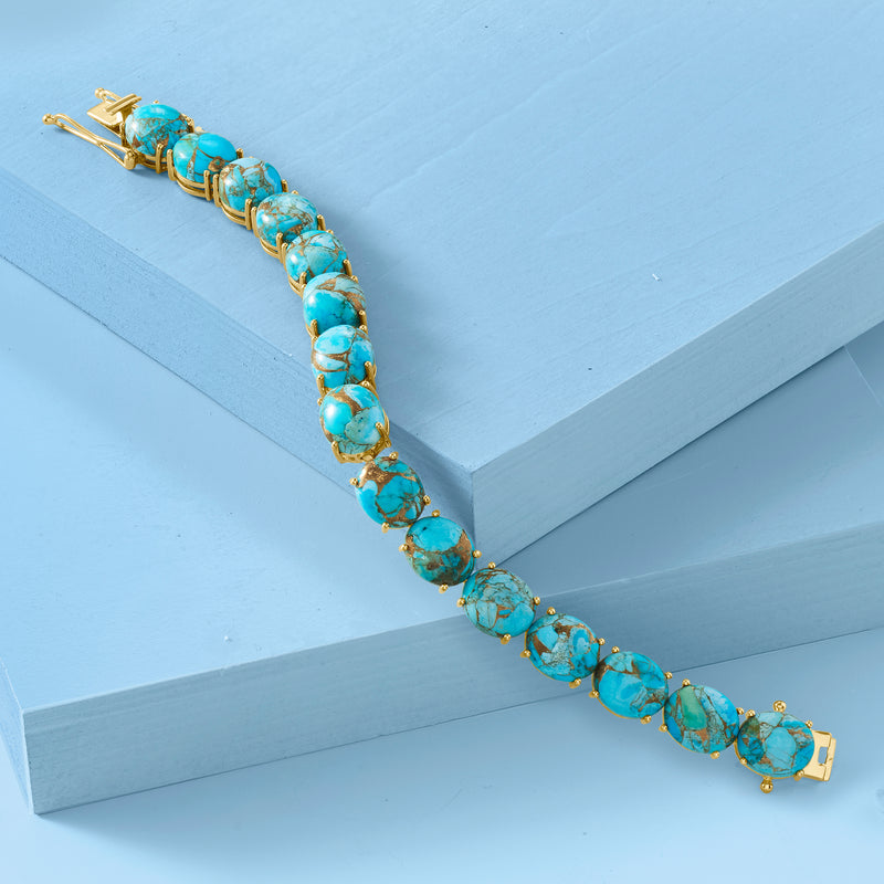 Turquoise bead bracelet on gold over sterling chain with oval cabochons