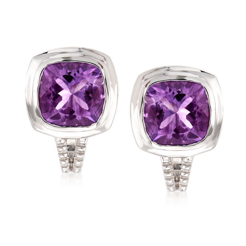 Sterling silver amethyst post earrings with square purple gemstone bezel setting