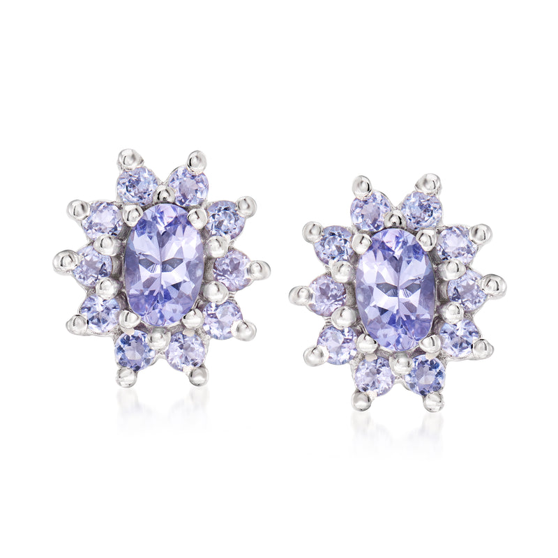 Sterling silver tanzanite flower stud earrings, oval center with round stones