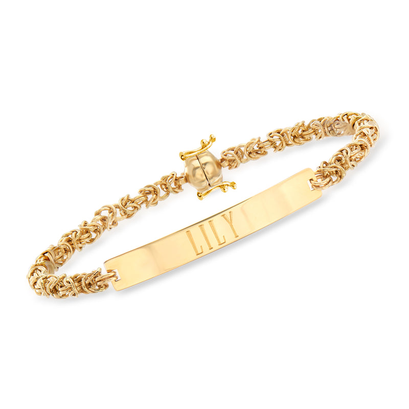 14kt yellow gold Byzantine chain bracelet with engraved monogram bar and magnetic clasp