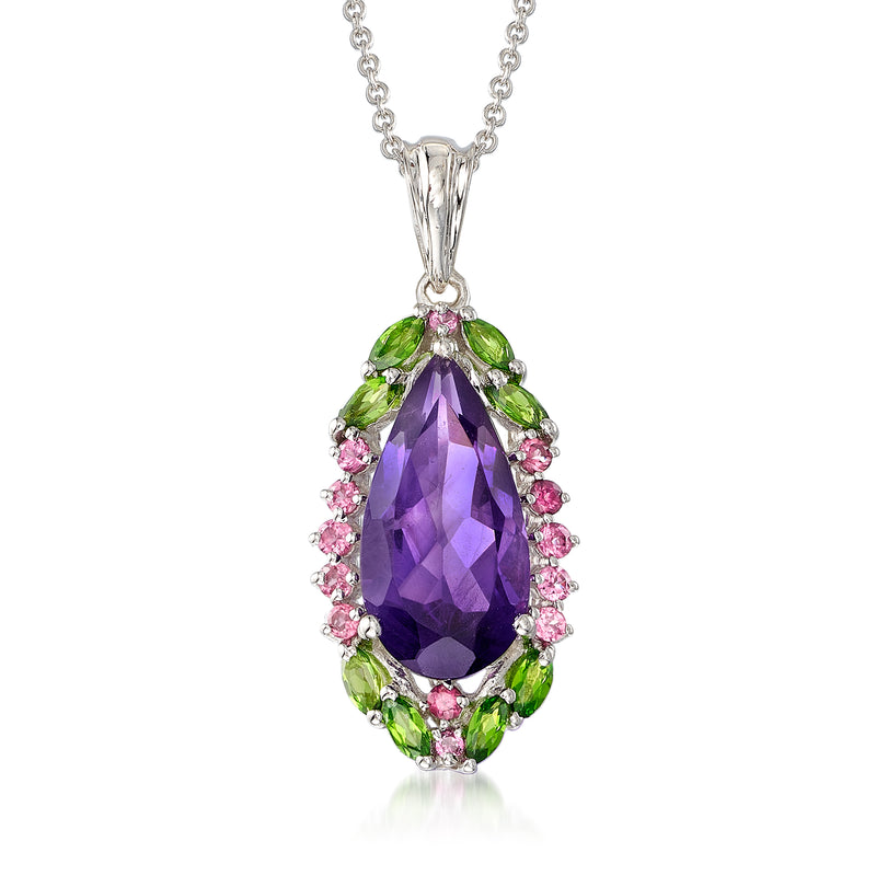 Sterling silver multi-gemstone pendant necklace with purple teardrop and green/pink accents
