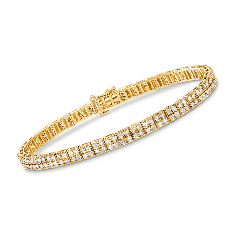 Gold two-row tennis bracelet with round-cut diamonds, hinged clasp