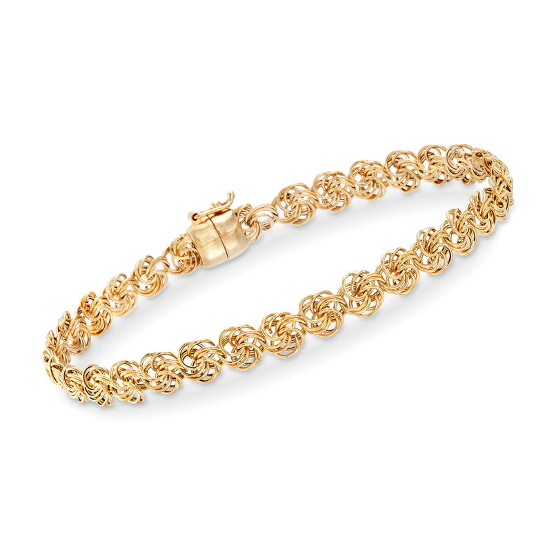 14kt yellow gold rosette-link bracelet with magnetic clasp, intertwined circular links