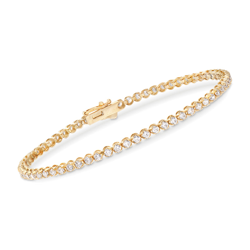 14kt yellow gold CZ tennis bracelet with round clear stones, hinged clasp