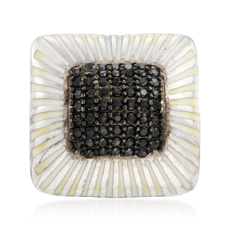Sterling silver ring with black spinel cluster and white enamel border