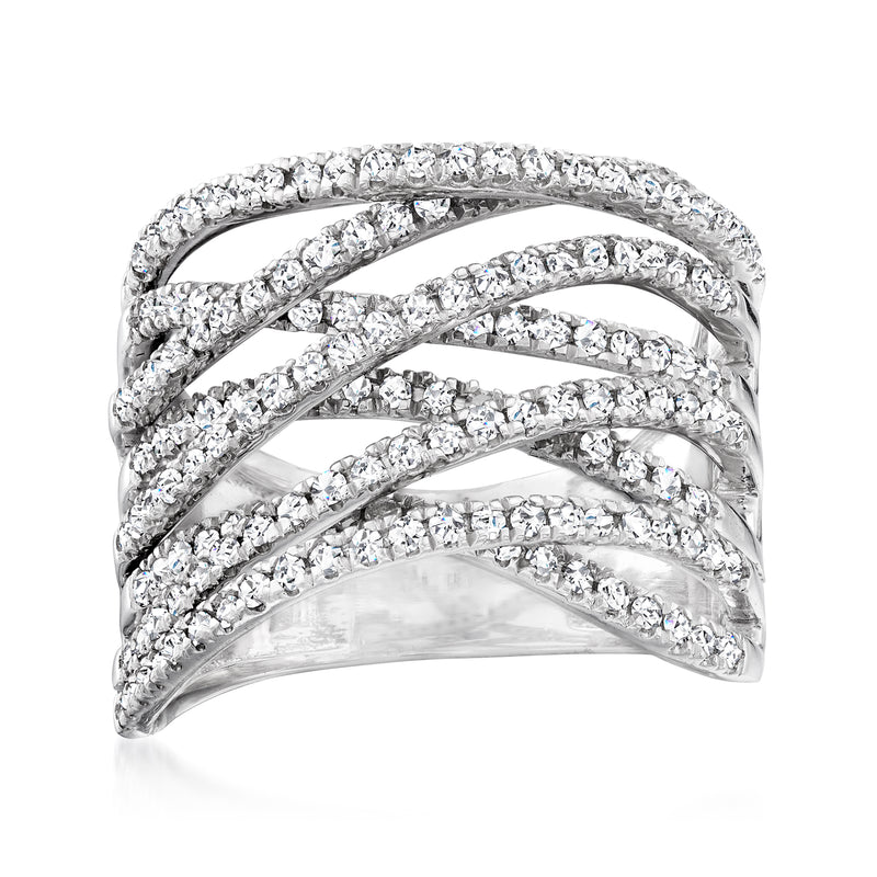 Sterling silver diamond highway ring with multi-row interlaced bands, sparkling stones