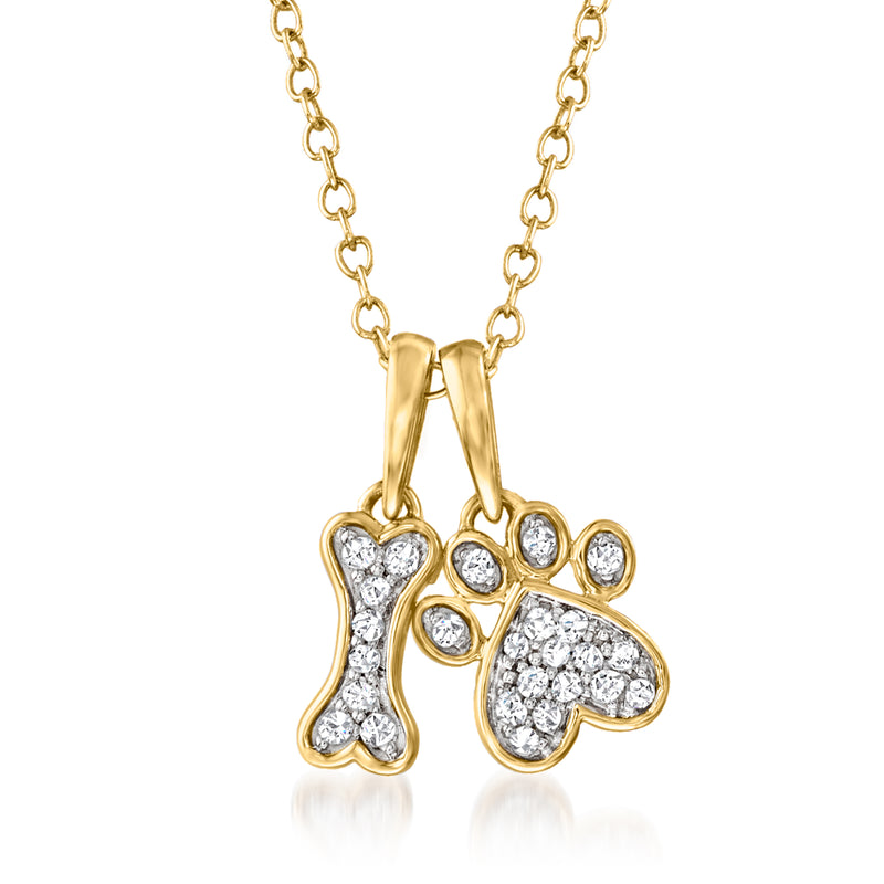 14kt yellow gold dog bone and paw pendant necklace with diamond accents