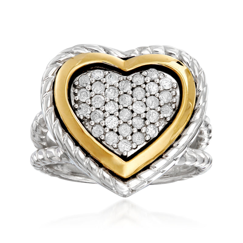Diamond heart ring in sterling silver and 18kt yellow gold, with pavé diamond center