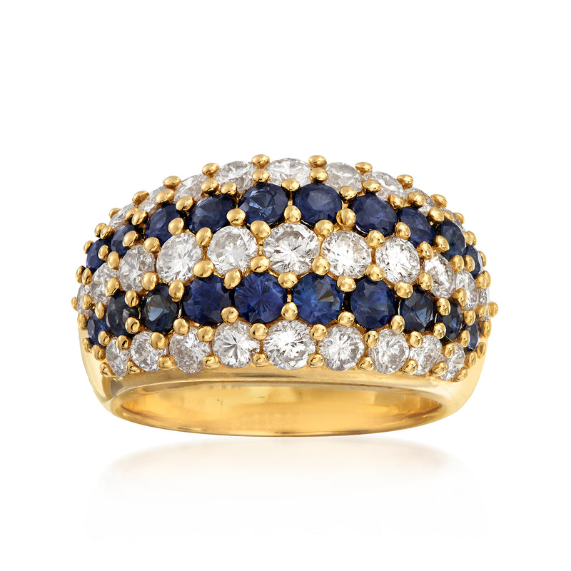 18kt yellow gold multi-row ring with round diamonds and blue sapphires